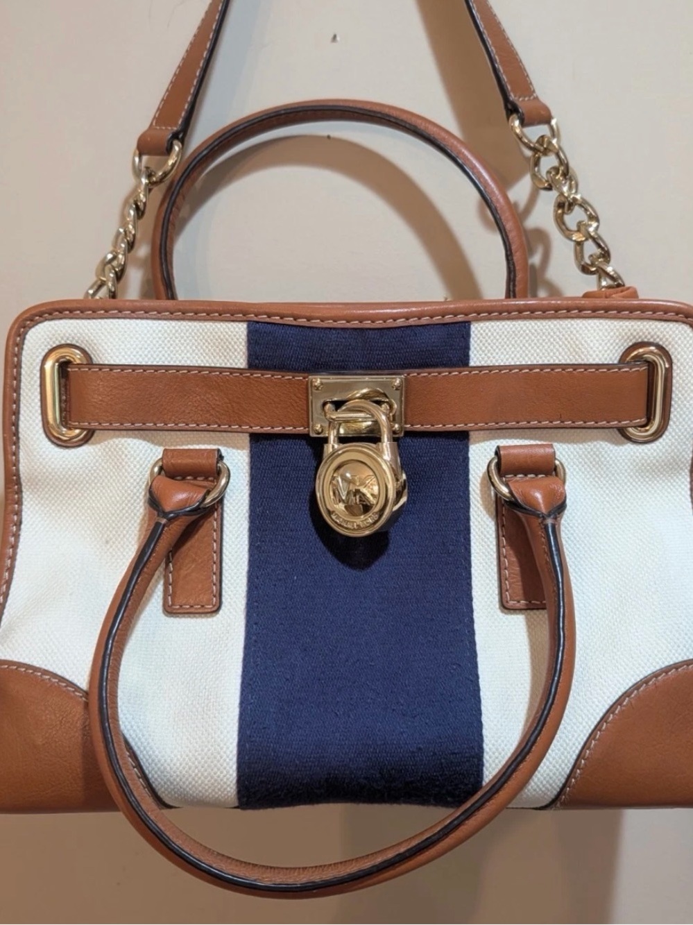 Michael Kors Hamilton Medium Satchel Bag Canvas Cream Blue Stripe Leather Trim